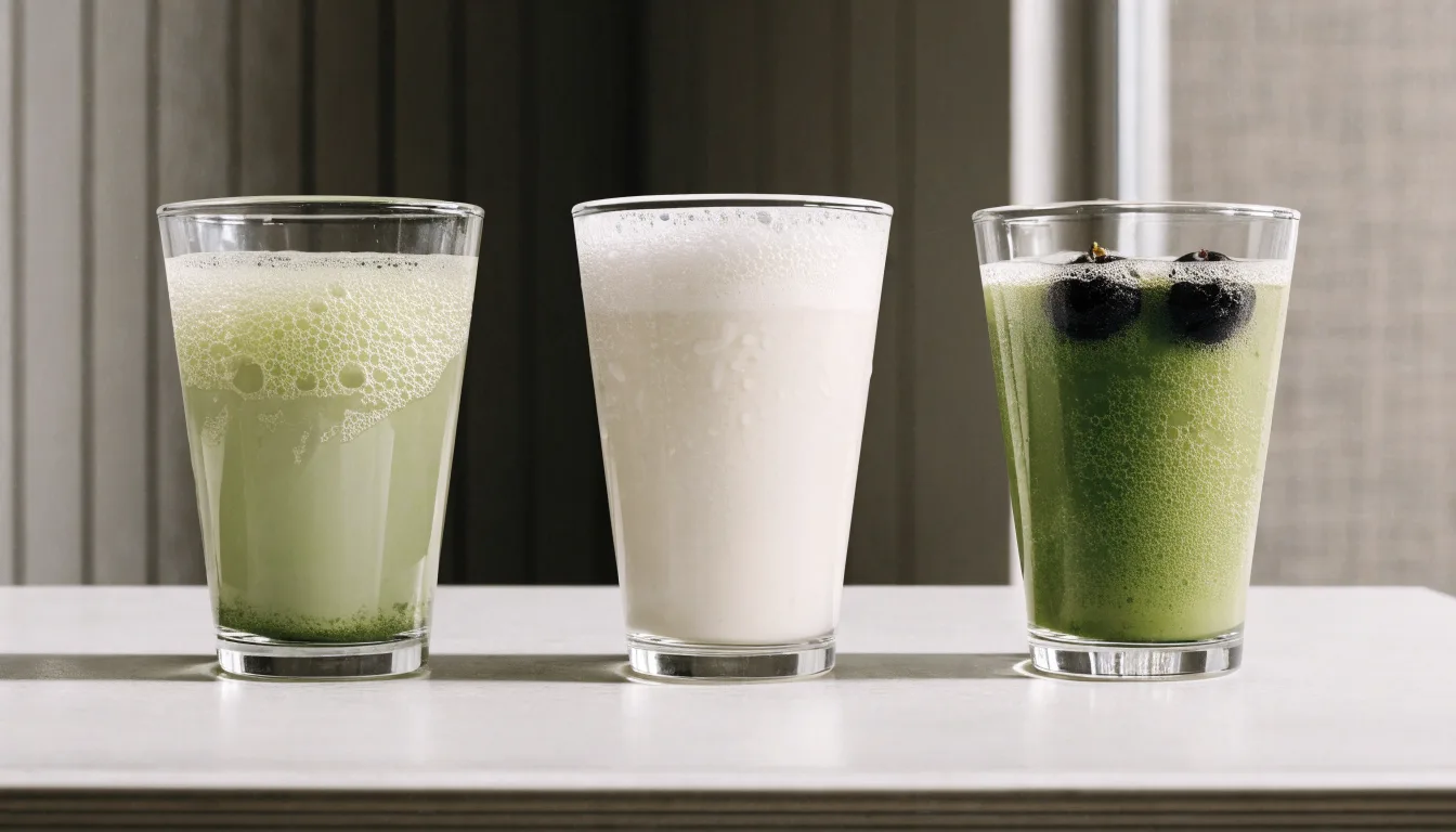 Trzy warianty napoju matcha: klasyczny, z pianką i z owocowym dodatkiem
