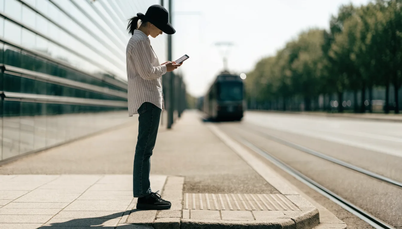 Pasażer planuje dojazd tramwajem do kina, korzystając z mapy w telefonie.