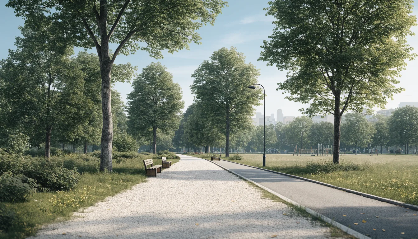 Aleja spacerowa i trasa rowerowa biegnące wśród drzew w parku miejskim.