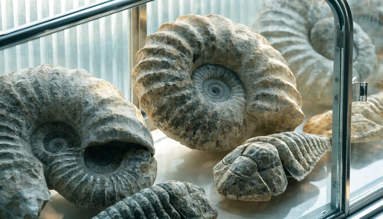 Skamieniałe amonity i trylobity w gablocie wystawy paleontologicznej
