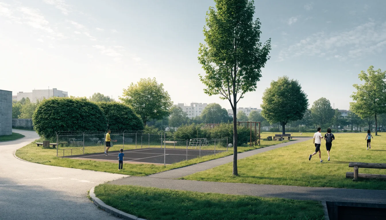 Ilustracja terenów sportowych i rekreacyjnych w zielonym parku