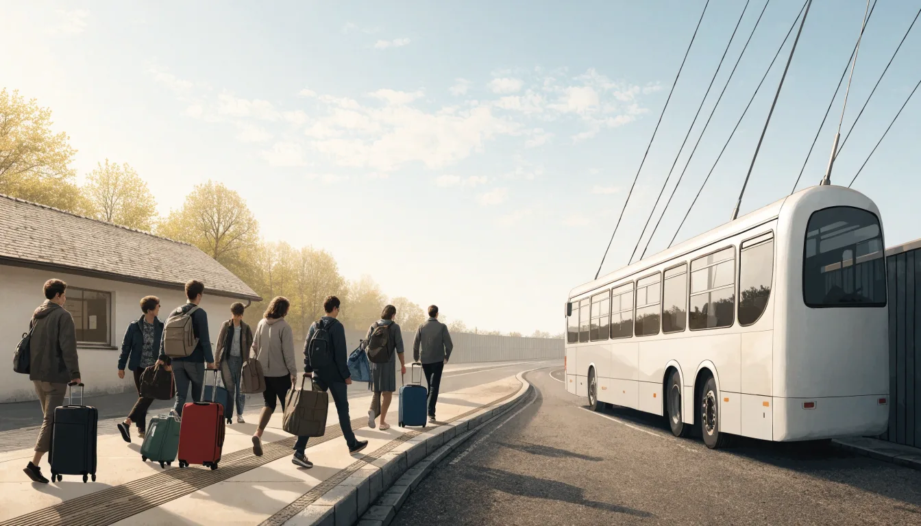 Podróżni z bagażem przesiadają się z pociągu do autobusu lotniskowego
