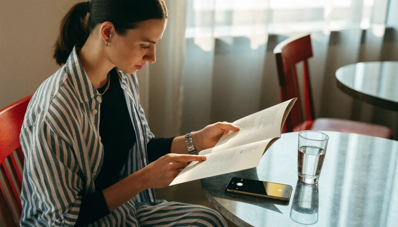 Osoba sprawdza menu i planuje kontakt z restauracją