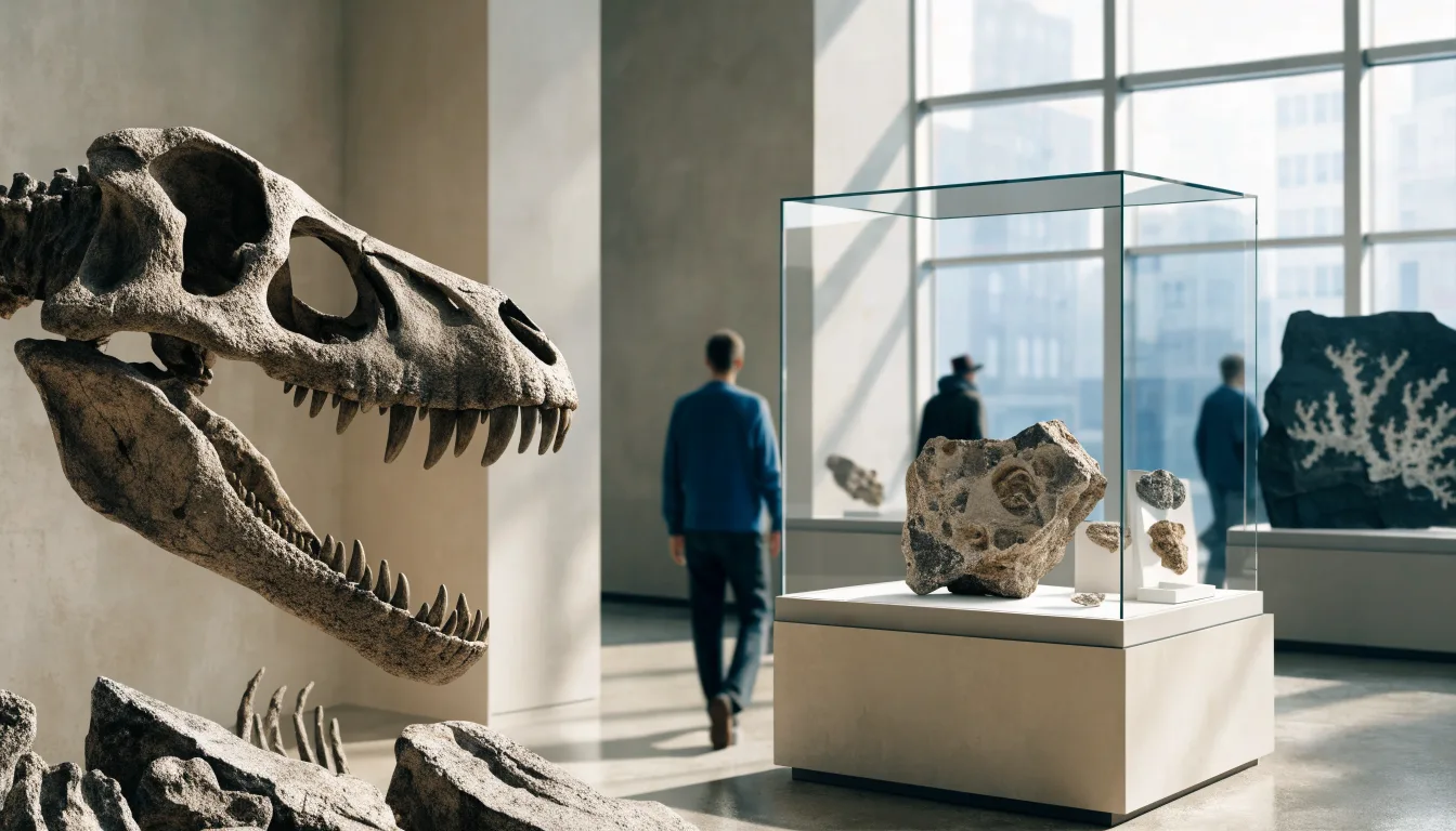 Odwiedzający oglądają szkielet dinozaura i skamieniałości na wystawie muzealnej.
