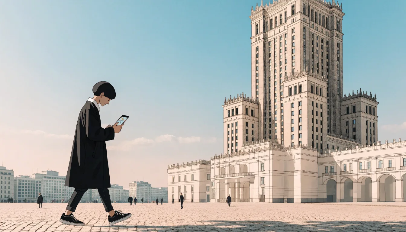 Osoba sprawdza na telefonie trasę do muzeum w centrum Warszawy.