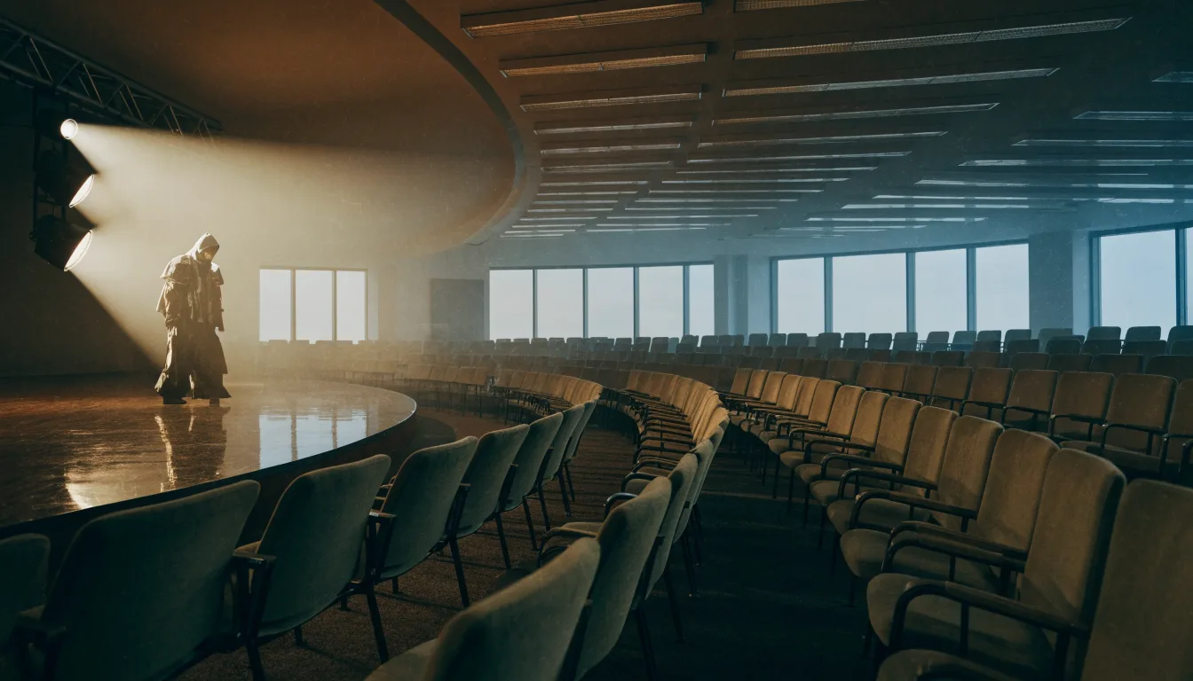 Kameralna widownia i scena teatralna widziane z perspektywy widza.