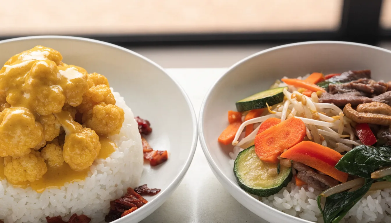 Kalafior w żółtym sosie i bibimbap z dodatkami