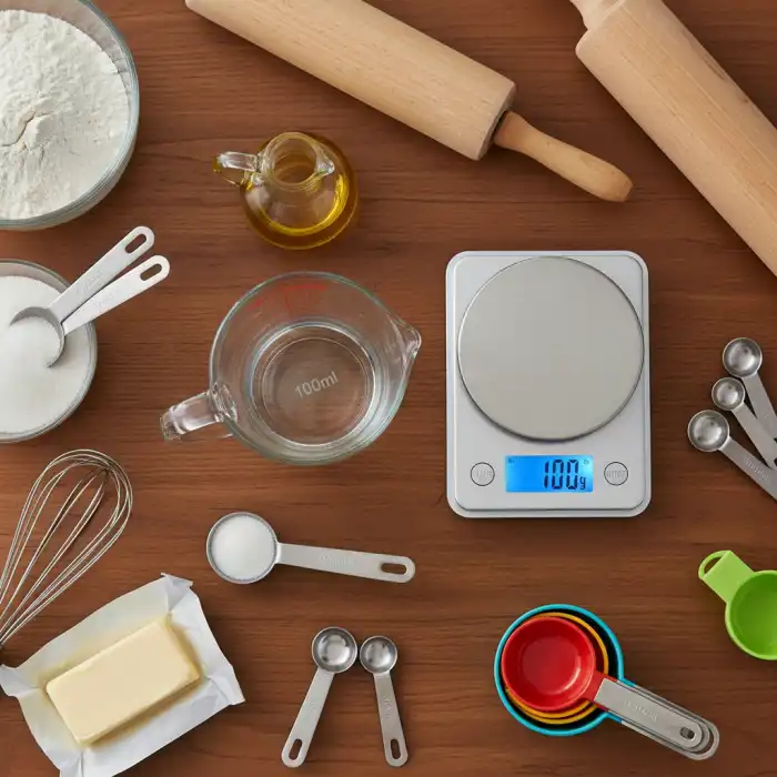 100 ml ile to gram? Przelicznik ml na gramy – Ważyć składniki, kuchenny przelicznik Ilustracja przedstawiająca przelicznik 100 ml ile to gram – składniki kuchenne i waga.