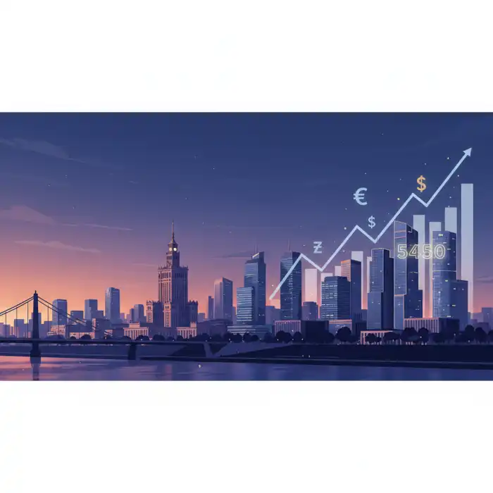 5450 brutto ile to netto? Sprawdź kalkulator | Umowa o pracę, zlecenie, pracodawca Ilustracja miasta Warszawa z elementami graficznymi symbolizującymi wyliczenia finansowe, nawiązująca do tematu 5450 brutto ile to netto.