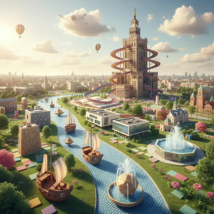 Atrakcje dla dzieci w Warszawie: Najlepsze muzea i miejsca dla dzieci w Warszawie Ilustracja przedstawiająca atrakcje dla dzieci w Warszawie: bajkowe budowle i place zabaw inspirowane warszawskimi symbolami.