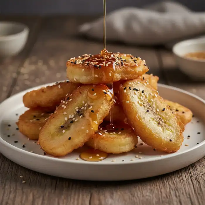 Banany w cieście chińskie: przepis, smażone banany w cieście kokosowym, deser Chrupiące banany w cieście chińskie polane miodem, z subtelnym tłem nawiązującym do Warszawy.