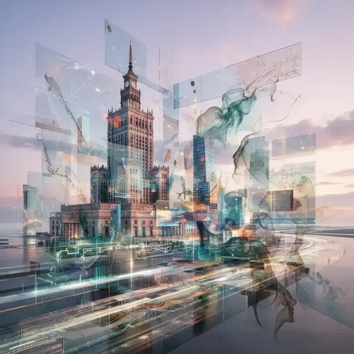 Charakterystyka: Jak napisać charakterystykę postaci i bohatera Abstrakcyjna ilustracja charakterystyki Warszawy z warstwami analizy cech.