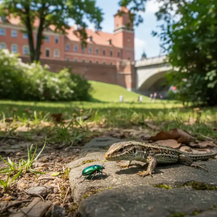 Co jedzą jaszczurki zwinki? Dieta polna i hodowlana Jaszczurka zwinka polująca na chrząszcza w Warszawie – co jedzą jaszczurki zwinki