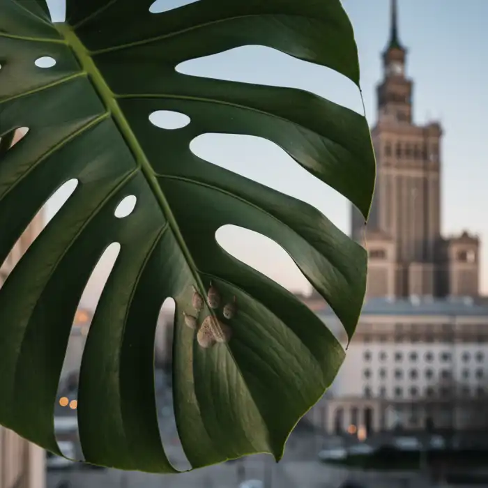 Czy monstera jest trująca dla psa? Pies zjadł monsterę dziurawą – trująca roślina czy bezpieczny wybór? Liść monstery z odciskiem łapy psa, podkreślający, czy monstera jest trująca dla psa, z subtelnym tłem Warszawy.
