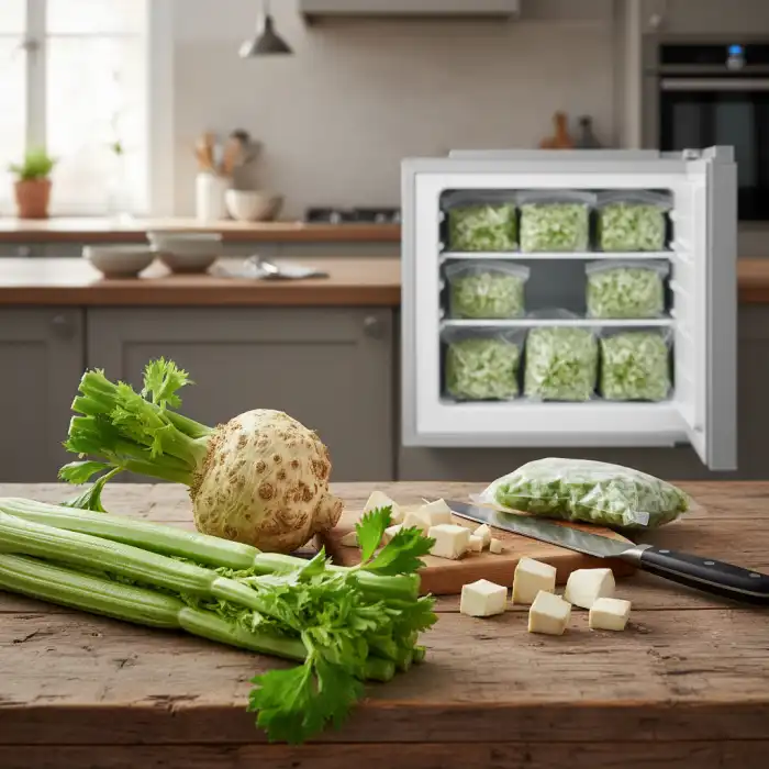 Czy seler można mrozić? Jak mrozić seler naciowy i korzeniowy Świeży seler korzeniowy i naciowy w koszyku, gotowy do mrożenia - czy seler można mrozić.