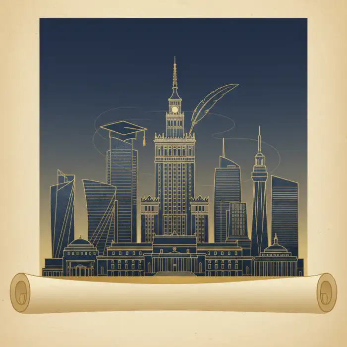 Ile kosztuje napisanie pracy magisterskiej? Cennik, ceny prac dyplomowych Ilustracja symbolizująca ile kosztuje napisanie pracy magisterskiej w Warszawie: panorama miasta i symbole akademickie.