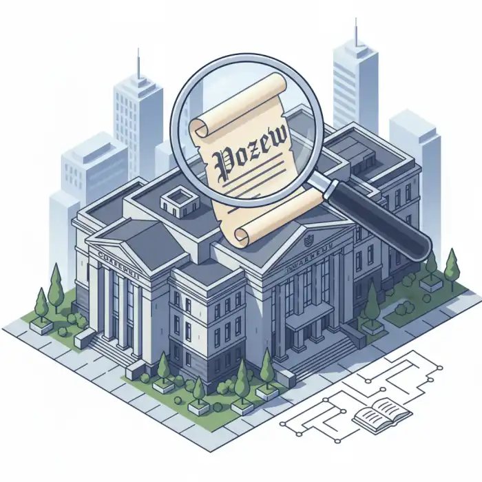 Jak napisać pozew: Formalny element pozwu do sądu Ilustracja przedstawiająca sąd w Warszawie i dokument z napisem "Pozew", symbolizująca poradnik, jak napisać pozew.
