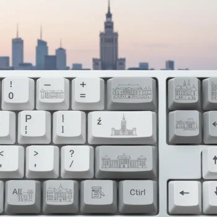 Jak napisać ź na klawiaturze: Prosty poradnik, jak zrobić ź na komputerze i laptopie Klawiatura z polskim układem, pokazująca, jak napisać ź na klawiaturze, z subtelnymi elementami Warszawy w tle.
