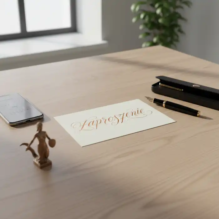 Jak napisać zaproszenie z argumentami: Egzamin ósmoklasisty i praktyczne zaproszenia Elegancka karta zaproszenia na biurku z widokiem na Warszawę – jak napisać zaproszenie z argumentami.