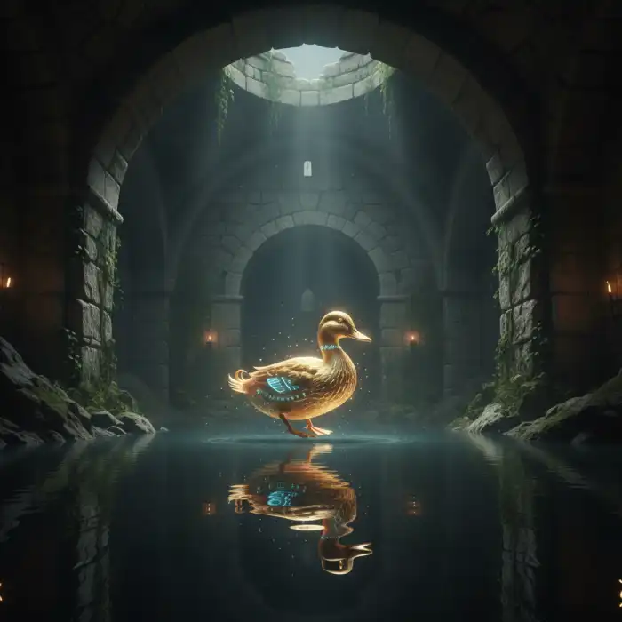 Legenda o złotej kaczce: Warszawska legenda i jej sekrety Złota kaczka w podziemnym jeziorku pod Zamkiem Ostrogskich – ilustracja do legendy o złotej kaczce w Warszawie.
