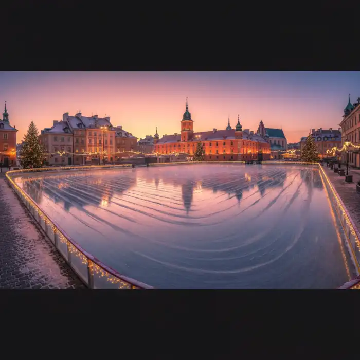 Lodowiska Warszawa: Stare Miasto, Bezpłatny Wstęp, Łyżwy 2026 Puste lodowisko w Warszawie nocą z widokiem na Stare Miasto