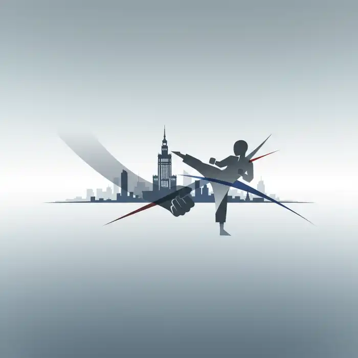 Na czym polega karate? Techniki, Style i Karate Kyokushin w Warszawie Abstrakcyjna ilustracja symbolizująca, na czym polega karate w Warszawie: stylizowane linie technik walki i miejski krajobraz.