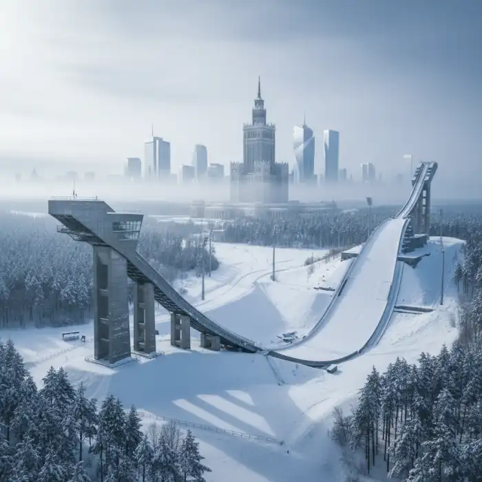 Rozmiar skoczni narciarskiej: Skok, rozmiar skoczni i skoki narciarskie Widok na imponujący rozmiar skoczni narciarskiej z elementami nawiązującymi do architektury Warszawy.