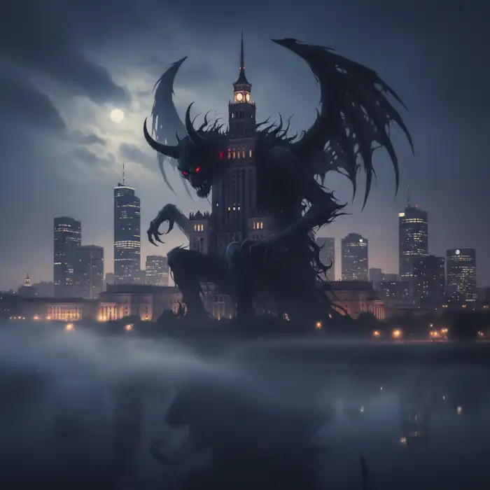 Sennik diabeł: Sen o Szatanie – interpretacja, ostrzeżenie, znaczenie Symboliczna interpretacja snu o diable: mroczna sylwetka Warszawy nocą.
