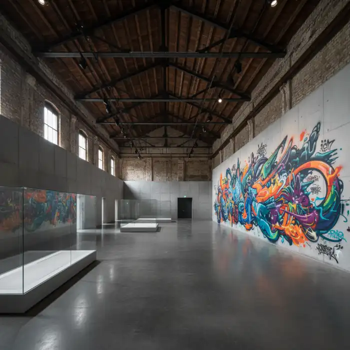 Soho Art Center: The Mystery of Banksy na Mińskiej – Wystawa Genius Mind Wnętrze Soho Art Center w Warszawie z projekcjami street artu.