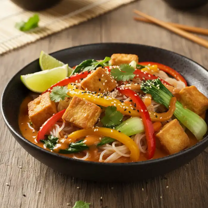 Tofu po tajsku: Przepis, Pad Thai, Curry, Ryż Jaśminowy Chrupiące tofu po tajsku z warzywami i ryżem jaśminowym na tle Warszawy