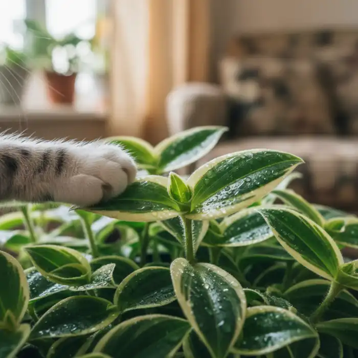 Trzykrotka czy jest trująca? Roślina, kot, zatrucie – bezpieczeństwo dla kota. Trzykrotka czy jest trująca? Roślina z widocznymi śladami podgryzienia, w tle zamazana panorama Warszawy.