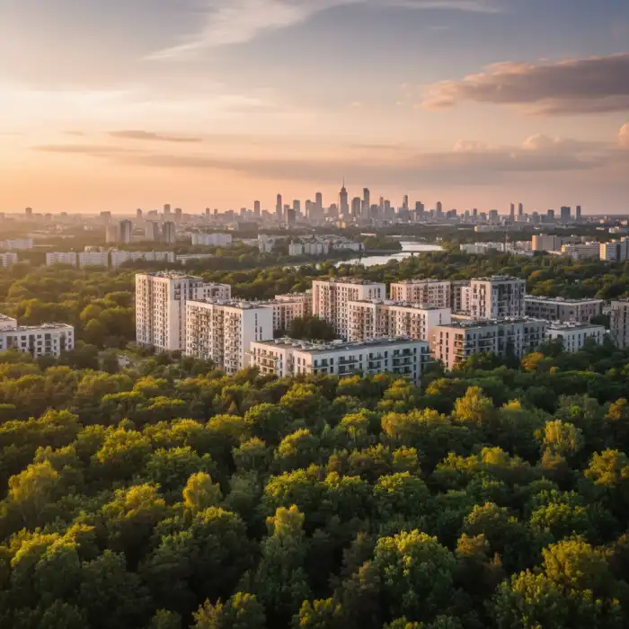 Ursynów atrakcje: Najlepsze miejsca na Ursynowie dla każdego Widok na zielone tereny Ursynowa z parkiem i ścieżką, ukazujący atrakcje dzielnicy.