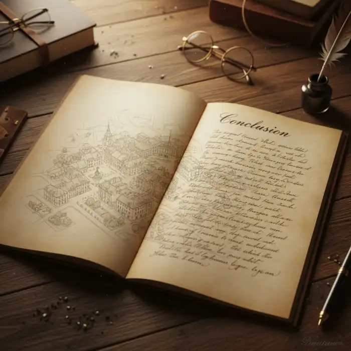 Zakończenie praca magisterska: Napisać zakończenie pracy, przykładowe zakończenia, podsumowania Zakończenie pracy magisterskiej - widok z góry na otwartą pracę dyplomową przedstawiającą wnioski końcowe, z subtelnym elementem mapy Warszawy w tle.